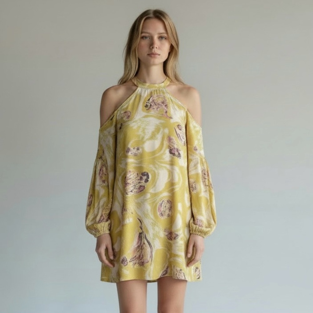 Free People Green‎ and Long Sleeve Off-White Cold Shoulder Midi Sundress Large
